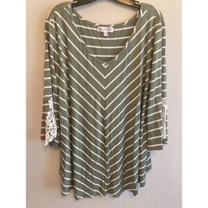 Stem Vine Women’s Top Green Striped Lace Trim Scoop Neck 3/4 Sleeve Size 3X